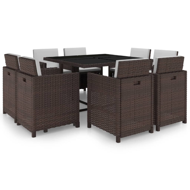 Set da Pranzo da Giardino 9 pz con Cuscini Polyrattan Marrone